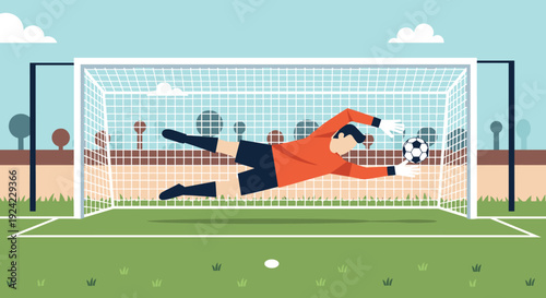 Agile soccer goalkeeper makes a spectacular diving save to block the ball from entering the net during a competitive football match.