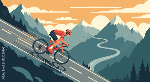 Professional cyclist in red gear rides a road bike at high speed down a winding asphalt road in a beautiful mountain landscape during a warm sunset.
