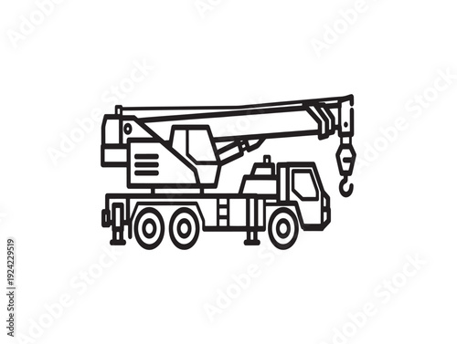 A black and white line drawing of a mobile truck crane with a boom and hook