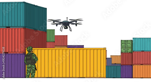 A soldier in camouflage stands next to a large yellow shipping container while a drone flies over stacked cargo.
