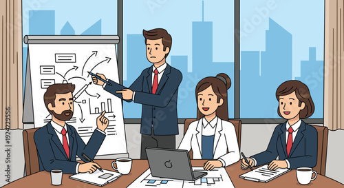 Cartoon illustration of a business team in a meeting, with a manager presenting a complex strategy on a flipboard to his attentive colleagues in a modern office.