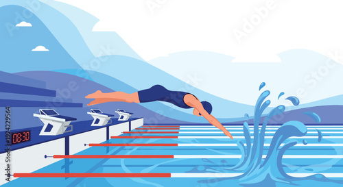 Female swimmer in a blue swimsuit and cap dives off a starting block into the water at the beginning of a race in a competitive swimming pool with lane lines.