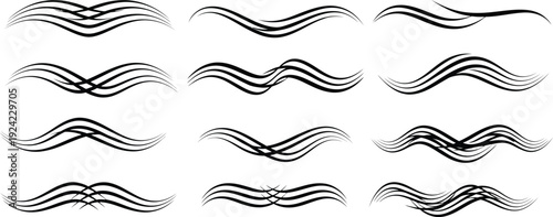 Twelve black abstract wavy line decorative on white background border brush calligraphy