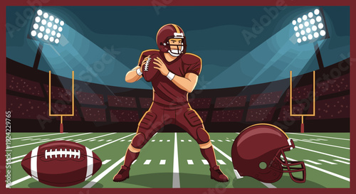 Quarterback stands in a throwing pose on a professional American football field at night under the bright stadium spotlights.