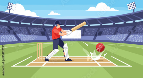 Cricket batsman hits the ball powerfully during a match on a pitch inside a large, crowded stadium filled with cheering fans.