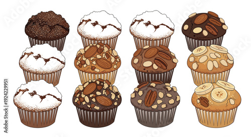 Twelve assorted illustrated muffins with various nut and sugar toppings are arranged in a precise grid pattern on a plain white background.