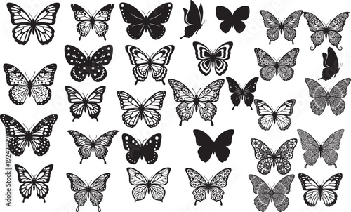 Butterfly Vector Silhouettes, Butterfly Clipart Set, butterflies icons isolated on white background, Butterfly Art Bundle, Black and White Decorative Vectors

