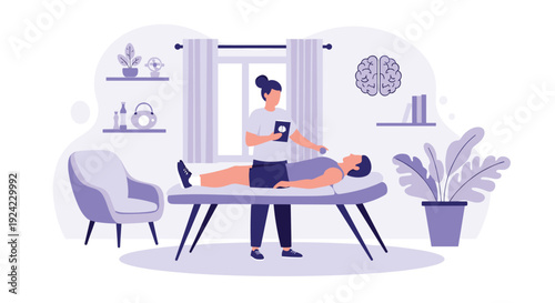 Professional physiotherapist provides treatment to a male patient lying on a therapy table, using a device to aid in muscle recovery in a modern clinic setting.