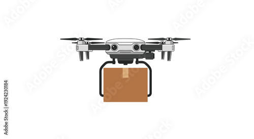 A white and gray delivery drone carries a large brown cardboard package using its landing gear against a solid white background.