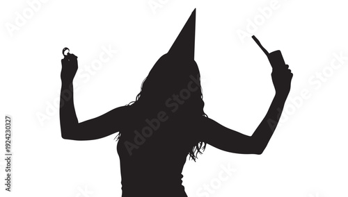 Woman silhouette dancing with arms raised holding party items, pointed hat and long hair, isolated black shape on white background for celebration design