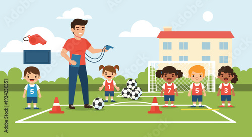 Male coach with a whistle and clipboard teaches a group of diverse young children how to play soccer on an outdoor field.