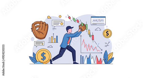 Businessman with a baseball glove catches falling candlestick chart patterns, symbolizing a strategic investment to buy the dip in a volatile stock market.