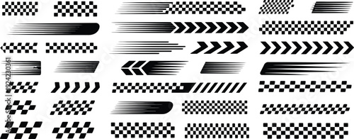A clean vector graphics collection featuring racing flag patterns, speed lines, and dynamic arrow elements for energetic design projects