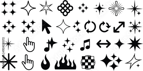 A Collection of Clean Vector Graphics Featuring Stars, Cursors, Music Notes, and Fire Symbols