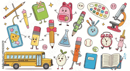 Cartoon Retro Groovy School Stationery Characters Set. Cute Hippie Book, Pencil, Backpack and School Bus Vector Personages with Funky Psychedelic Scissors, Ruler and Calculator.