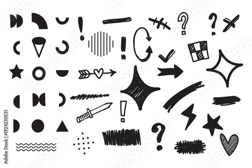 Hand drawn doodle design elements, charcoal or pencil drawn punctuation marks.