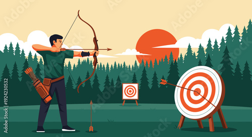 Focused male archer stands in a forest at sunset, aiming his bow and arrow with precision at a distant target, having already hit the bullseye on another.