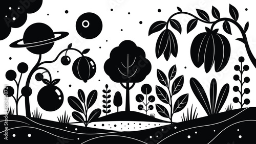Black and white abstract illustration of a surreal alien garden with planets, futuristic plants, and wavy terrain.