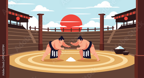 Two traditional sumo wrestlers face off in the dohyo ring before their match begins, with the red sun rising behind the stadium.