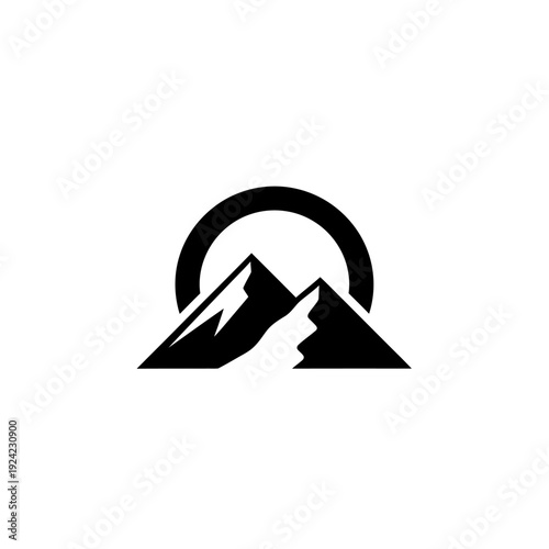 Mountain peaks silhouette with sun circle symbol for nature and exploration