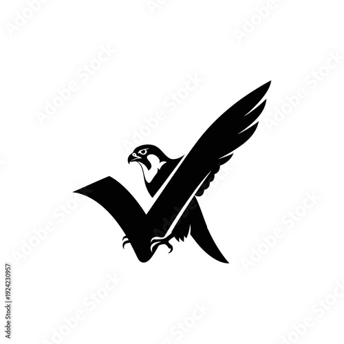 Soaring falcon emblem black silhouette with checkmark wing design