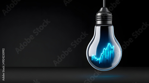 Innovation lightbulb technology growth finance investment success electricity idea progress modern business concept with glowing innovation lightbulb showing blue financial growth chart line dark