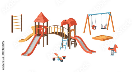 An isometric 3D illustration of a comprehensive wooden playground set including multiple slides a bridge a sandbox a swing set and a spring rider.