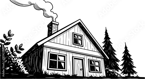 Cozy cabin house in woods with chimney smoke and evergreen trees detailed vintage illustration