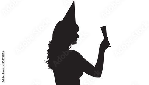 Woman silhouette holding glass for toast, side profile portrait with long hair and raised arm, minimal black cutout icon isolated on white background featuring drinking, beverage, champagne flute