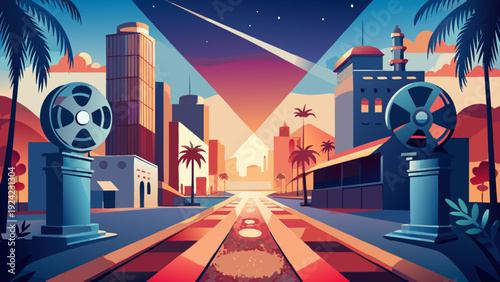 Very beautiful minimalist old Hollywood cinema illustration featuring vintage reels, glowing spotlight, and elegant red carpet celebrating classic movie star glamour.
