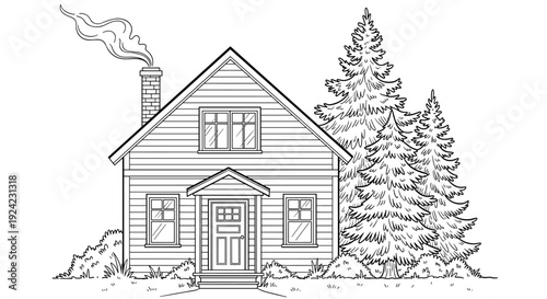 Cozy wooden cabin coloring book page with chimney smoke tall pine trees and forest landscape for relaxation