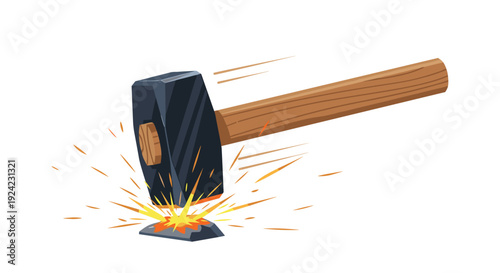 A heavy sledgehammer strikes a metal object, producing bright sparks.