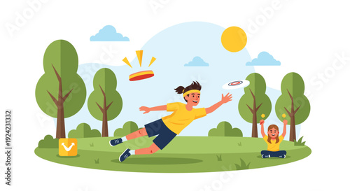 Young person makes a dynamic diving catch for a frisbee in a sunny green park while a friend watches, enjoying a fun outdoor summer activity.