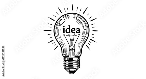 Creative lightbulb illustration featuring idea text inside glass bulb with rays of light in vintage style