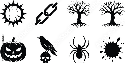 Halloween silhouette illustration, spooky icons pumpkin skull crow spider tree cracked moon chain splatter vector artwork, seasonal and festive theme, isolated background