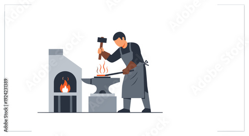 A blacksmith in an apron hammers hot metal on an anvil near a furnace.