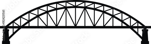 Arch truss steel bridge silhouette isolated on white background, industrial transportation infrastructure icon illustration, civil engineering structure design in bold black style