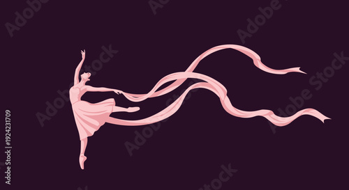 Graceful ballet dancer in a classic pose is illustrated in monochromatic pink with dynamic, swirling ribbons creating motion.