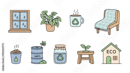 Eco-Friendly Cozy Collection: A charming compilation of eco-conscious elements, including a rain-streaked window, potted plant, a mug with a recycle logo, chair, compost, rain barrel.