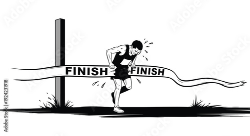 Exhausted but triumphant runner breaks through the finish line tape at the end of a marathon in a black and white drawing.