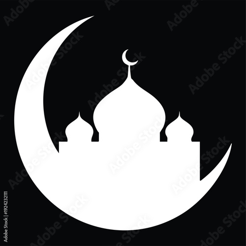White silhouette of a mosque with domes and crescent moon on black background islam