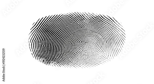 Detailed black and white fingerprint impression showing unique spiral ridge pattern for identification and security