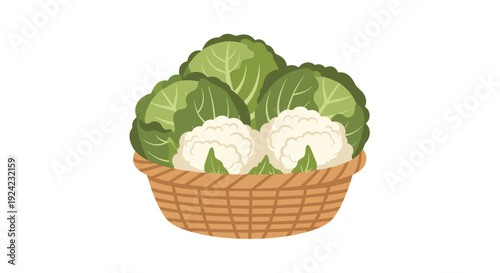 A brown woven basket holds three heads of green cabbage and two heads of white cauliflower arranged together on a plain white background.