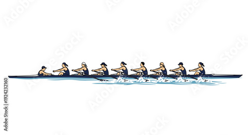 Determined women's rowing team of eight athletes and a coxswain work in perfect synchronization, propelling their scull boat through the water during a race.