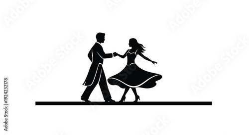 A stark black silhouette of a man in a tuxedo and a woman in a flowing dress is depicted dancing gracefully, standing on a thin black line against a plain white background.