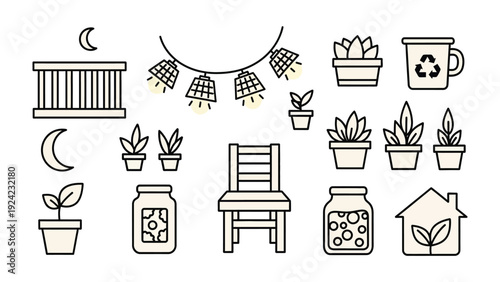Minimalist Botanical Elements: A curated collection of line art illustrations featuring an array of botanical elements and essential objects, designed with a clean, modern aesthetic.