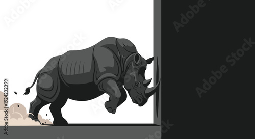 Powerful and determined rhinoceros charges forward, using its immense strength and horned head to push against a solid black wall, kicking up dust.