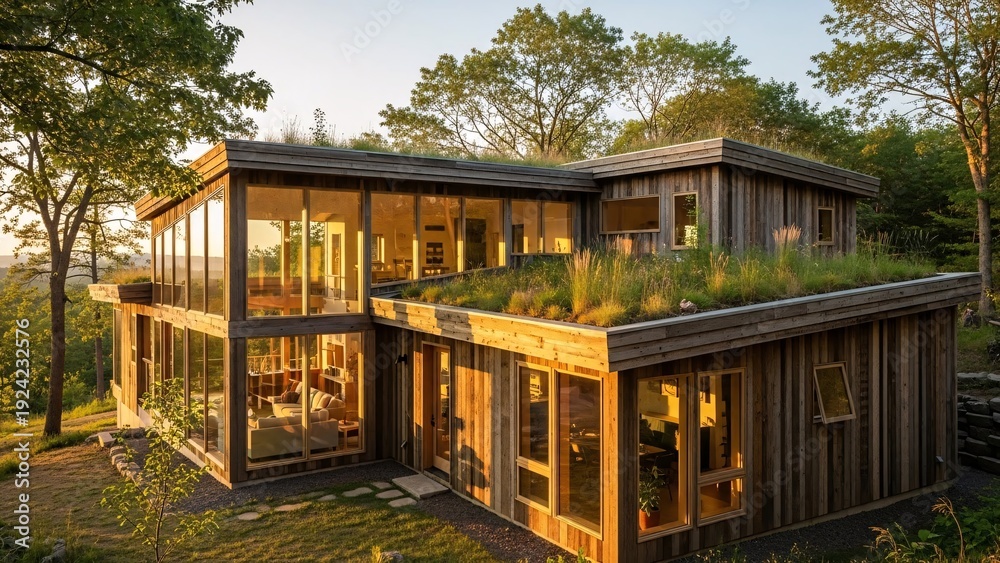 Obraz premium Modern house with large windows and green roof in a natural setting