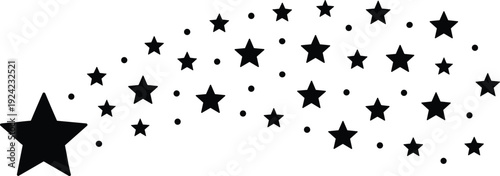 Black shooting star silhouette with scattered stars isolated on white background, minimalist celestial icon illustration, night sky symbol design for decoration and branding