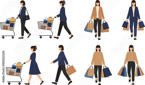 Modern women shopping illustration set featuring female shoppers walking with carts and bags, retail lifestyle fashion consumer vector collection for online marketplaces